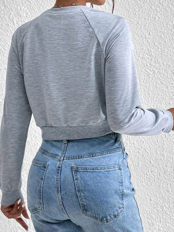 Crop Pullover - Round Neck, Long Sleeve Sweatshirt Sweatshirts - Chuzko Women Clothing
