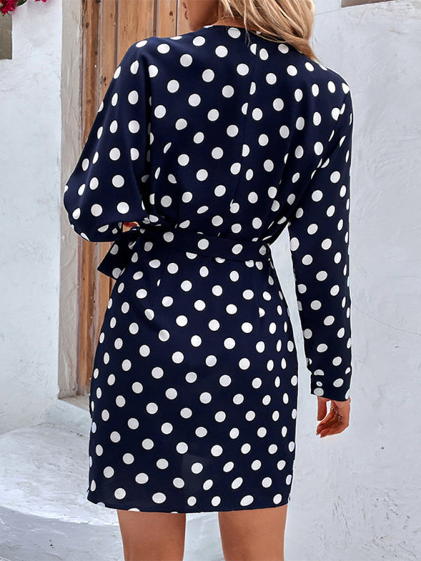 Polka Dot V-Neck Robe Dress with Long Sleeve & Wrap Waist Tie Robe Dresses - Chuzko Women Clothing