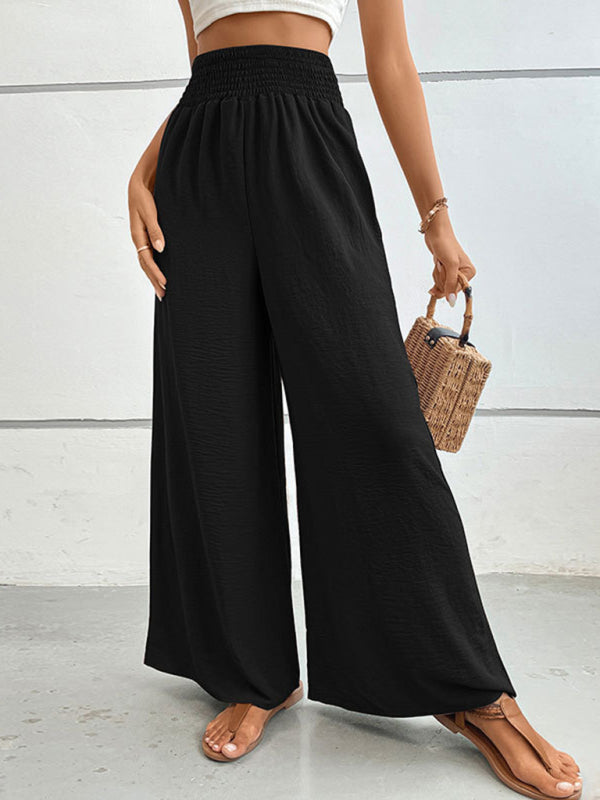 Textured Elastic Waist Trousers - Women's Wide-Leg Pants for Vacation Trousers - Chuzko Women Clothing