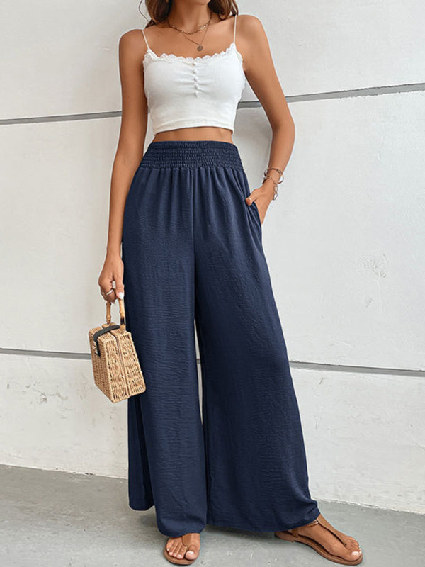 Textured Elastic Waist Trousers - Women's Wide-Leg Pants for Vacation Trousers - Chuzko Women Clothing