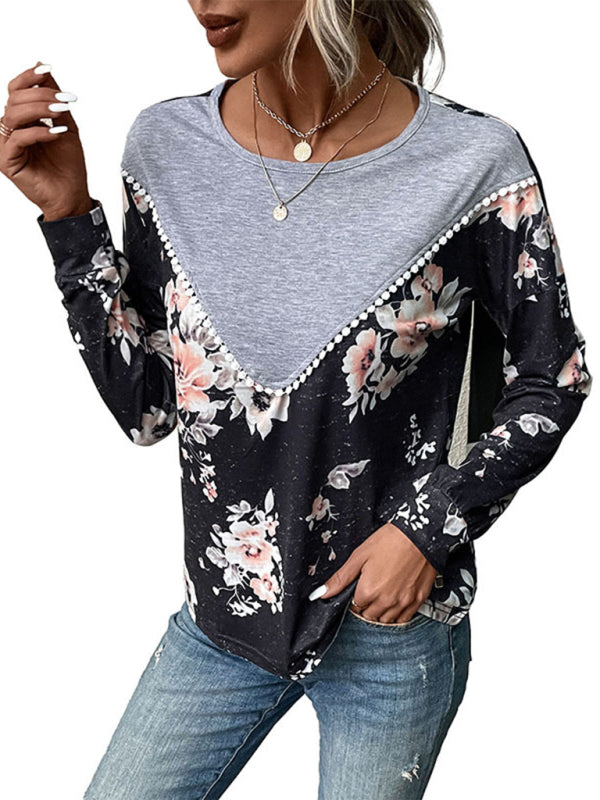 Floral Color Block Sweatshirt - Pom Pom Round Neck, Long Sleeve Top T-shirts - Chuzko Women Clothing