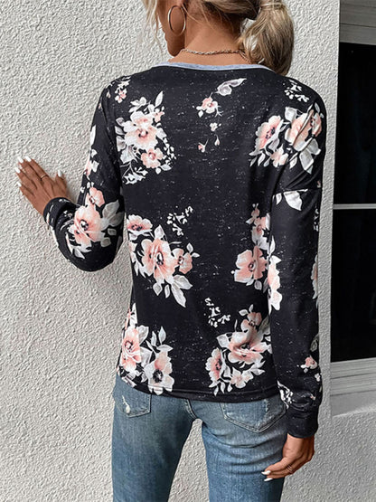 Floral Color Block Sweatshirt - Pom Pom Round Neck, Long Sleeve Top T-shirts - Chuzko Women Clothing