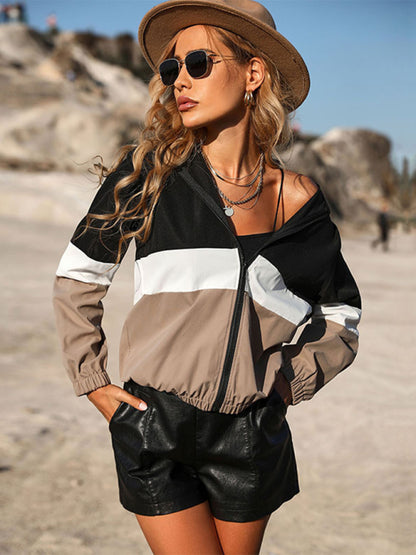 Women's Hooded Sport Jacket - Zip-Up Windbreaker Outdoor Windbreaker - Chuzko Women Clothing