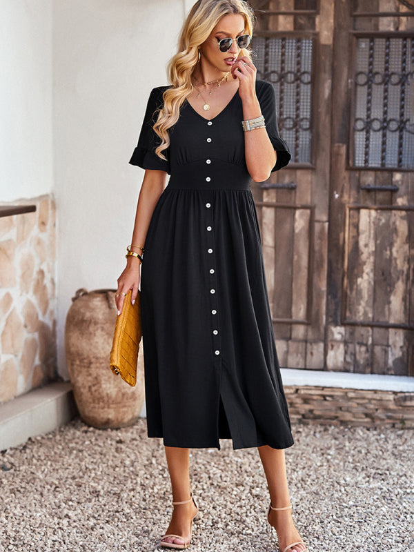 Solid Button Down A-Line Midi Dress with Smocked Waist Midi Dresses - Chuzko Women Clothing