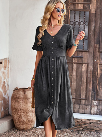 Solid Button Down A-Line Midi Dress with Smocked Waist Midi Dresses - Chuzko Women Clothing