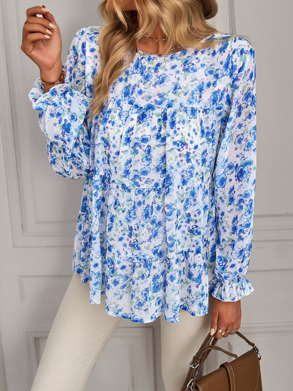 Lantern Long Sleeve Top - Chic Floral Tiered Ruffles Blouse Blouses - Chuzko Women Clothing