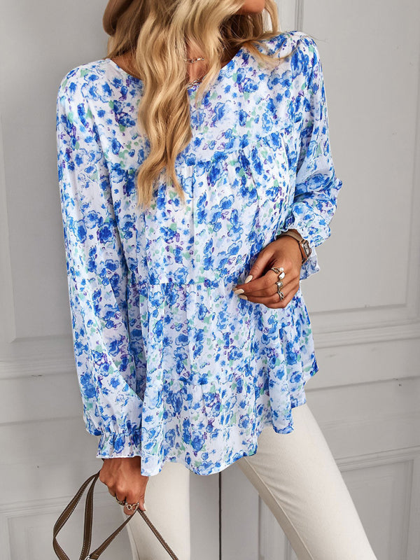 Lantern Long Sleeve Top - Chic Floral Tiered Ruffles Blouse Blouses - Chuzko Women Clothing