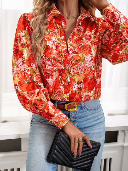 Button-Down Balloon Sleeve Shirt - Vibrant Floral Top Blouses - Chuzko Women Clothing