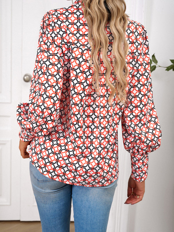 Button-Down Balloon Sleeve Shirt - Vibrant Floral Top Blouses - Chuzko Women Clothing