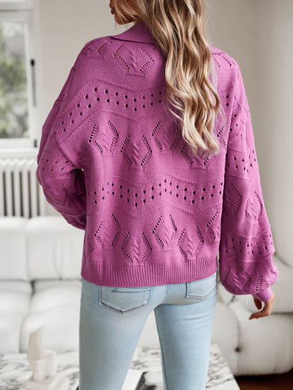 Women’s Long Sleeve Turn Down Sweater - Chic Knit Openwork Sweaters - Chuzko Women Clothing
