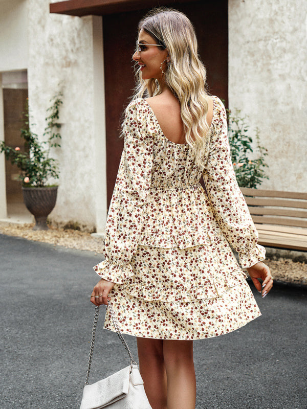 Women's Autumn Floral Dress with Smocked Body, Tiered Ruffle Accents Floral Dresses - Chuzko Women Clothing