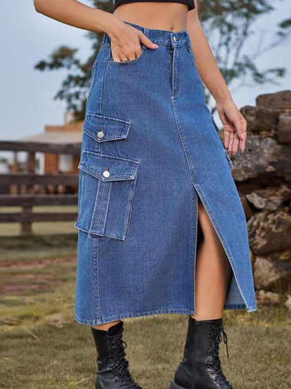 Washed Denim High Rise Cargo Slit Skirt with Flap Pockets Denim Skirts - Chuzko Women Clothing