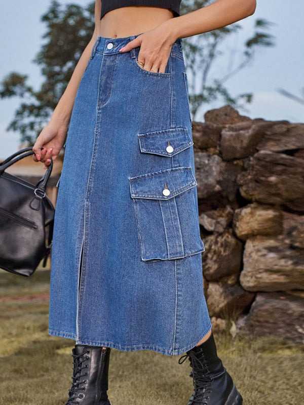 Washed Denim High Rise Cargo Slit Skirt with Flap Pockets Denim Skirts - Chuzko Women Clothing