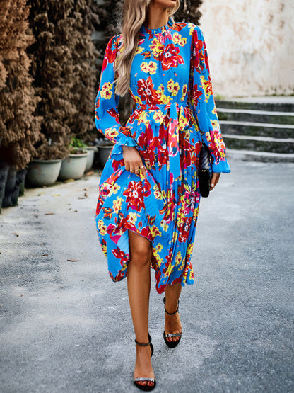 Glamorous Floral Pleated Midi Dress with Long Sleeve, Matching Belt Floral Dresses - Chuzko Women Clothing