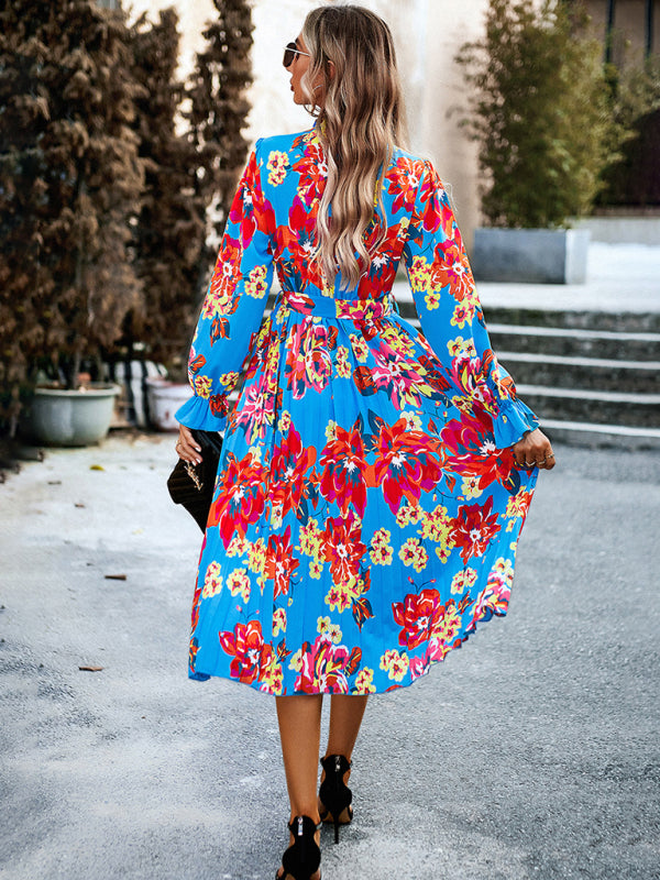 Glamorous Floral Pleated Midi Dress with Long Sleeve, Matching Belt Floral Dresses - Chuzko Women Clothing