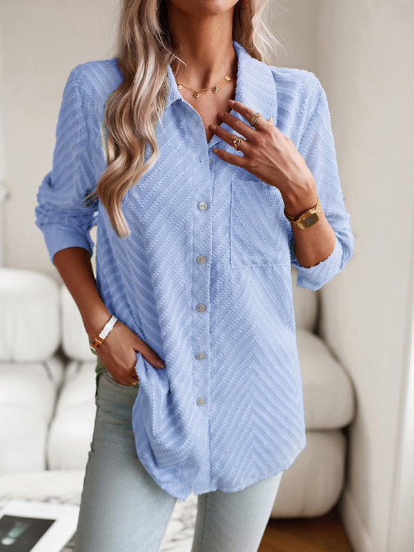 Women's Elegant Jacquard Chevron Shirt - Button Down & Long Sleeve Top Shirts - Chuzko Women Clothing