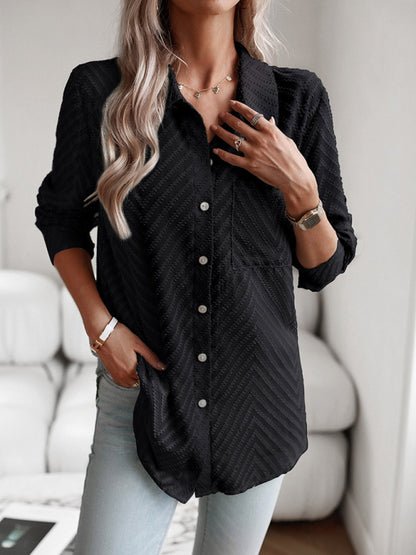 Women's Elegant Jacquard Chevron Shirt - Button Down & Long Sleeve Top Shirts - Chuzko Women Clothing