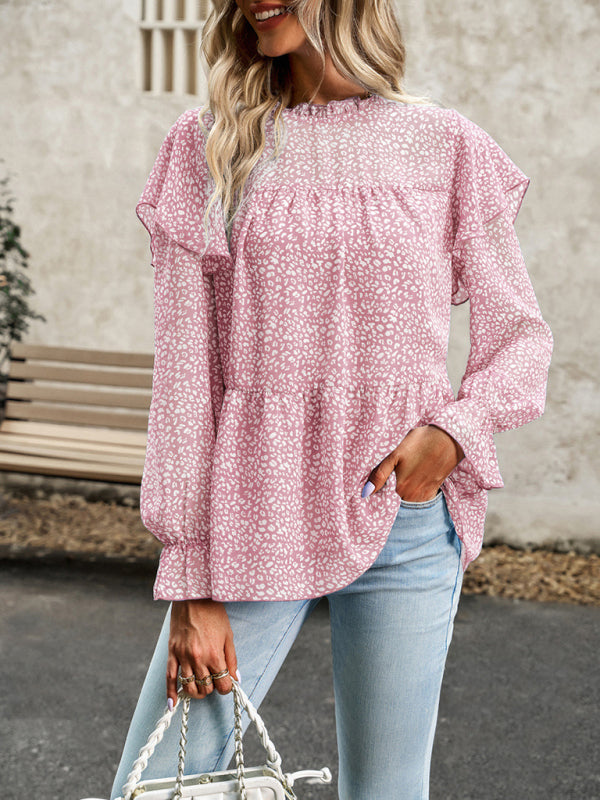 Ruffle Collar Floral Blouse - Tiered Accents, Long Sleeve Top Blouses - Chuzko Women Clothing