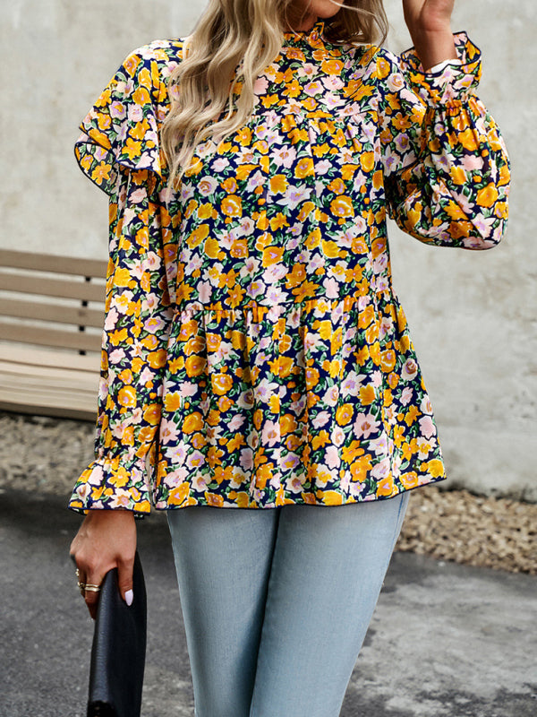 Ruffle Collar Floral Blouse - Tiered Accents, Long Sleeve Top Blouses - Chuzko Women Clothing