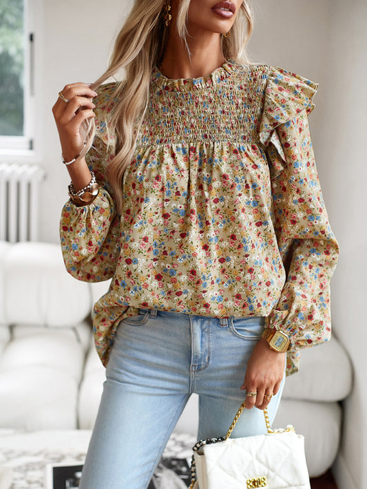 Floral Bishop Sleeve Blouse - Ruffled Shoulders & Smocked Accents Top Blouses - Chuzko Women Clothing