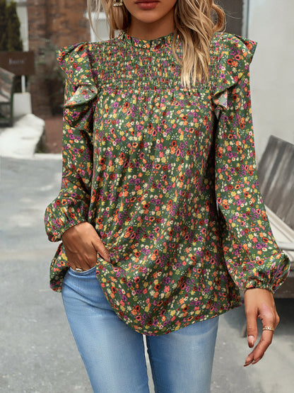 Floral Bishop Sleeve Blouse - Ruffled Shoulders & Smocked Accents Top Blouses - Chuzko Women Clothing