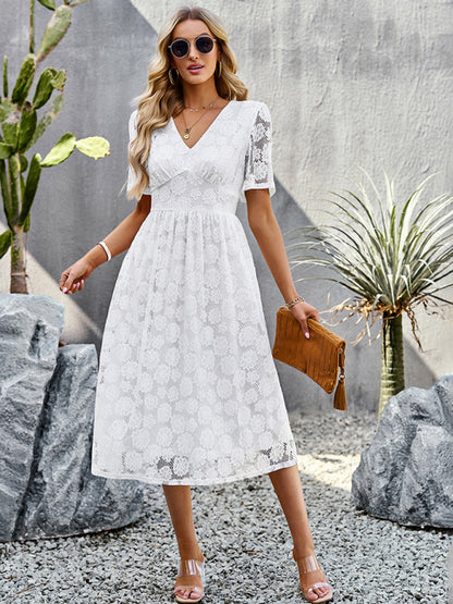 Elegant Floral Lace V-Neck Midi Dress - Perfect for Special Occasions Lace Dresses - Chuzko Women Clothing