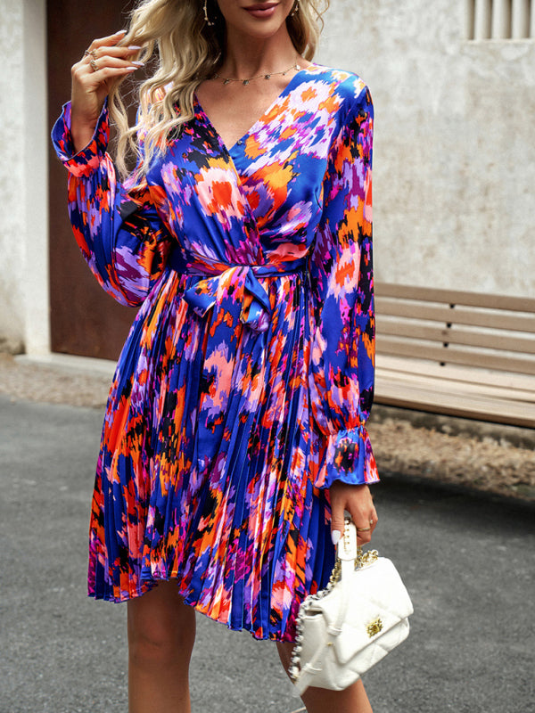 Abstract Print Pleated Dress: V Neck, Ruffle Cuffs, Belted Design! Pleated Dresses - Chuzko Women Clothing