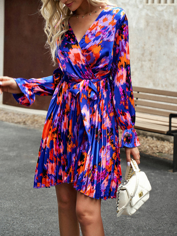 Abstract Print Pleated Dress: V Neck, Ruffle Cuffs, Belted Design! Pleated Dresses - Chuzko Women Clothing