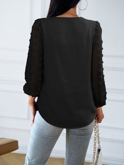 Chic V Neck Blouse - Swiss Dot Jacquard Long Sleeves Top Blouses - Chuzko Women Clothing