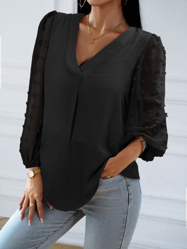 Chic V Neck Blouse - Swiss Dot Jacquard Long Sleeves Top Blouses - Chuzko Women Clothing