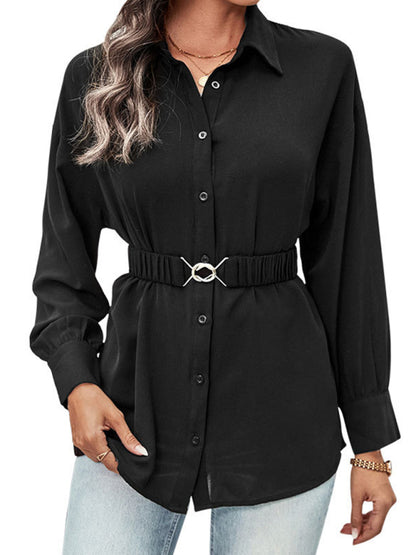 Button Down Long Sleeve Top - Ring Belt Shirt Shirts - Chuzko Women Clothing