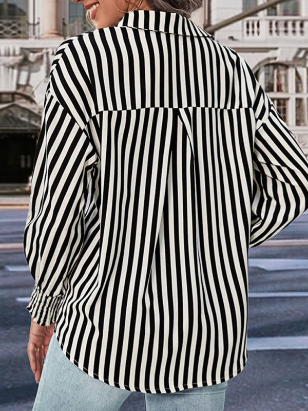 Women’s Stripe Shirt - Shirred Cuffs, Button Down Long Sleeve Top Shrits - Chuzko Women Clothing