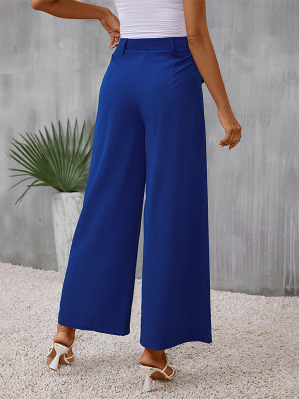 Wide-leg Trousers - High Rise Pants with Faux Flap Pockets Trousers - Chuzko Women Clothing