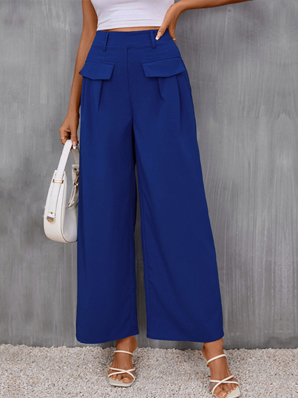 Wide-leg Trousers - High Rise Pants with Faux Flap Pockets Trousers - Chuzko Women Clothing