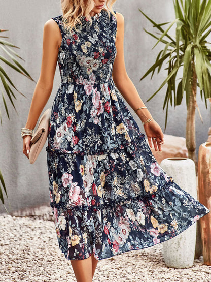 Floral Tiered Midi Dress: Smocked Bodice, Ruffle Accents Floral Dresses - Chuzko Women Clothing