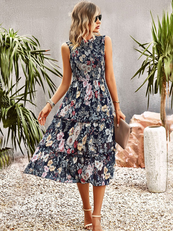 Floral Tiered Midi Dress: Smocked Bodice, Ruffle Accents Floral Dresses - Chuzko Women Clothing