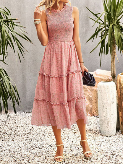 Floral Tiered Midi Dress: Smocked Bodice, Ruffle Accents Floral Dresses - Chuzko Women Clothing