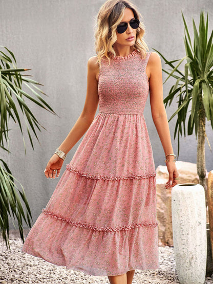 Floral Tiered Midi Dress: Smocked Bodice, Ruffle Accents Floral Dresses - Chuzko Women Clothing