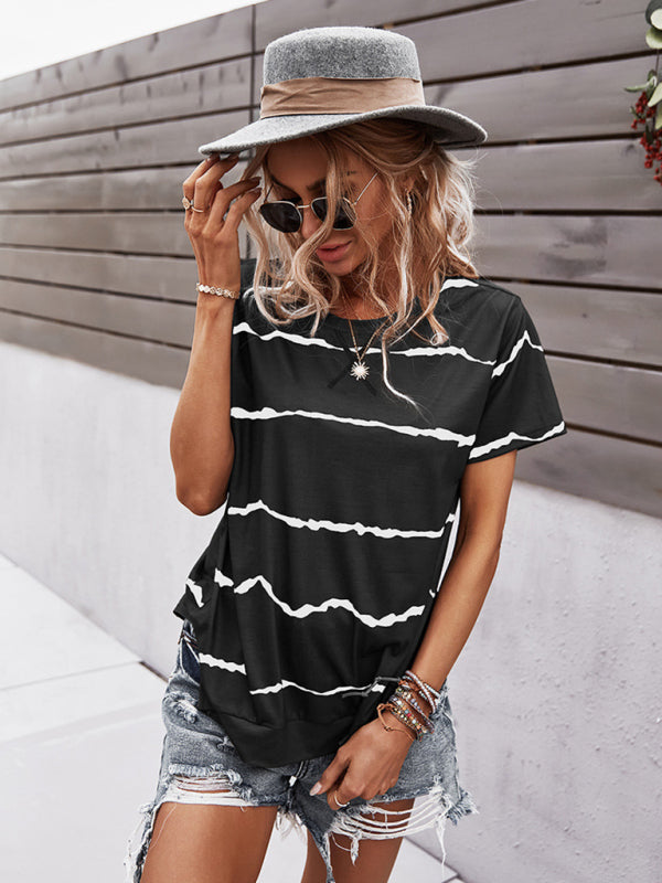 Essential Striped Round Neck Tee - Short Sleeves, Versatile Style Top T-shirts - Chuzko Women Clothing