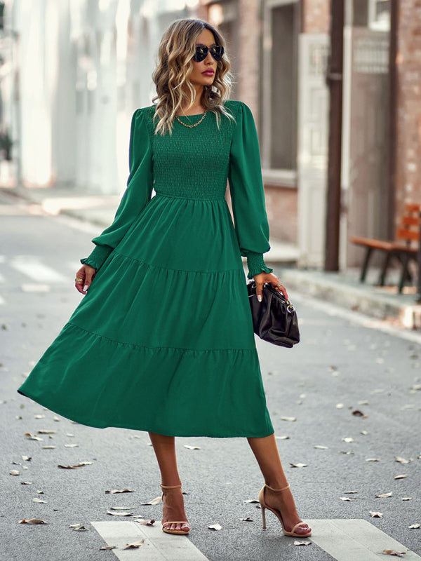 Elegant Smocked Midi Dress with Long Sleeves, Elasticized Bodice Midi Dresses - Chuzko Women Clothing