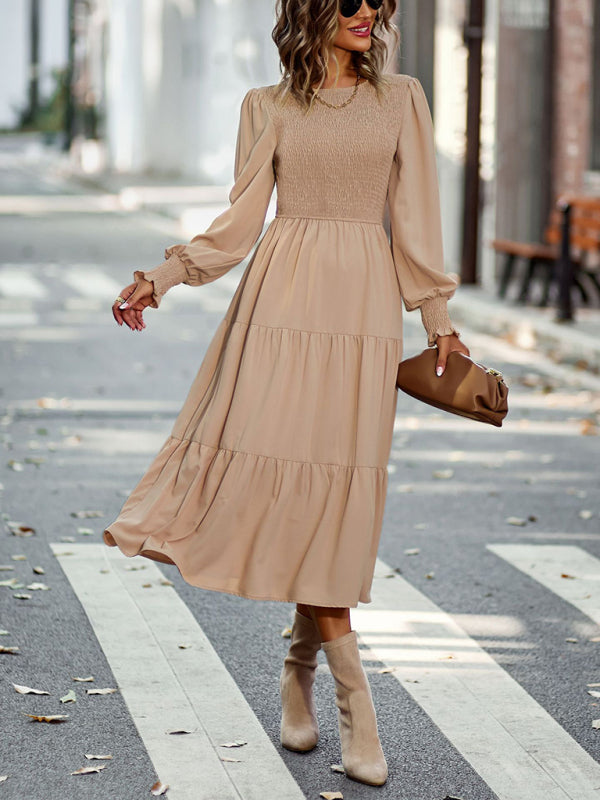 Elegant Smocked Midi Dress with Long Sleeves, Elasticized Bodice Midi Dresses - Chuzko Women Clothing
