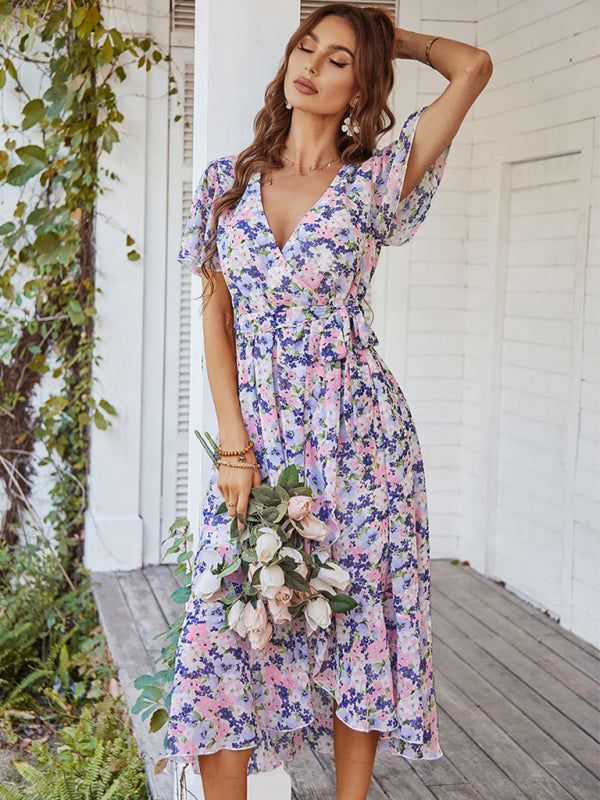 Floral Robe Dress with Flared Sleeves, High-Low Skirt and Waist Tie Floral Dresses - Chuzko Women Clothing