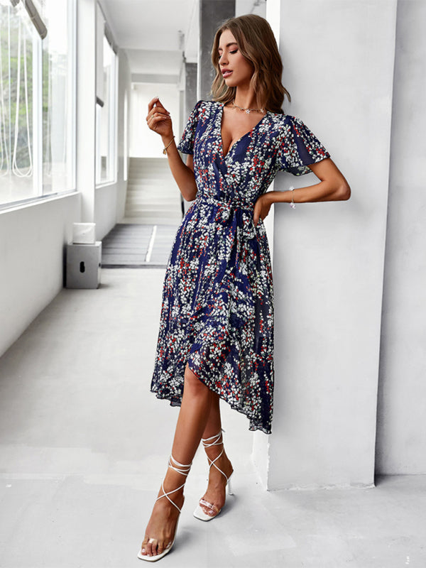 Floral Robe Dress with Flared Sleeves, High-Low Skirt and Waist Tie Floral Dresses - Chuzko Women Clothing