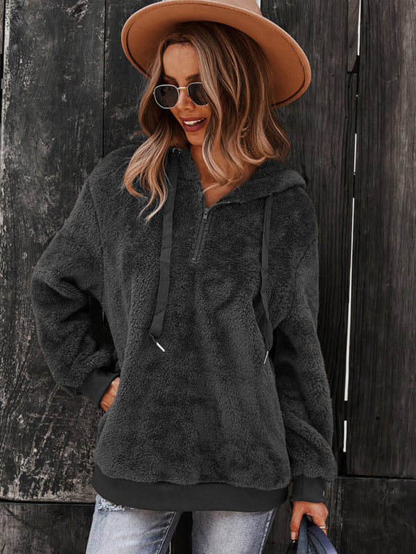 Vintage Plush Sweater - Fur Zip Hoodie, Oversized Fit Sweaters - Chuzko Women Clothing