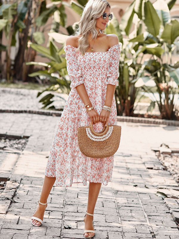 Floral Square Neck Dress: Elasticized Sleeves, Ruffle Accents Floral Dresses - Chuzko Women Clothing