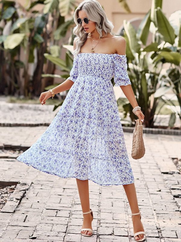 Floral Square Neck Dress: Elasticized Sleeves, Ruffle Accents Floral Dresses - Chuzko Women Clothing