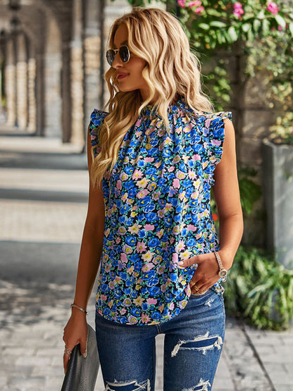 Floral High Neck Tank Blouse - Keyhole Back Ruffle Accents Top Blouses - Chuzko Women Clothing