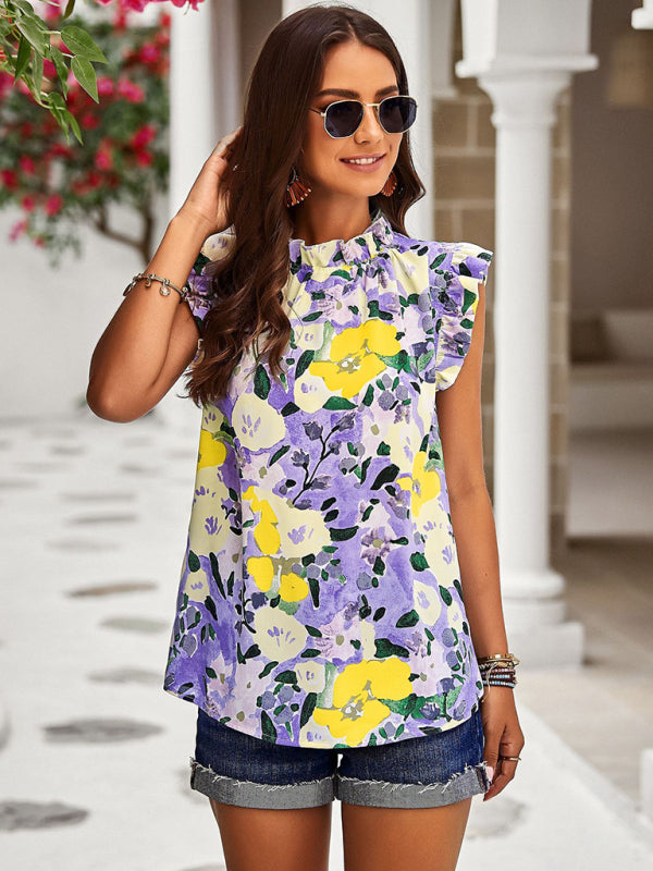 Floral High Neck Tank Blouse - Keyhole Back Ruffle Accents Top Blouses - Chuzko Women Clothing