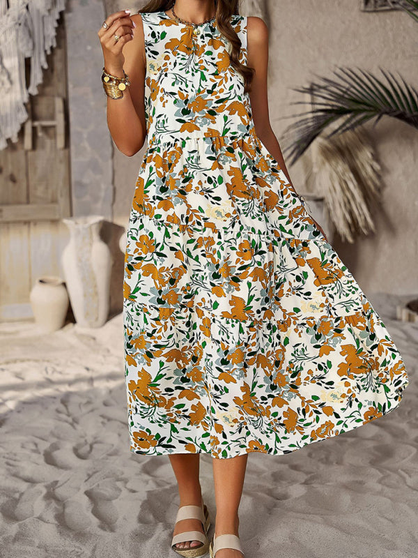Boho Full Print Tank Dress: Tiered Design, Side Pockets Midi Dresses - Chuzko Women Clothing