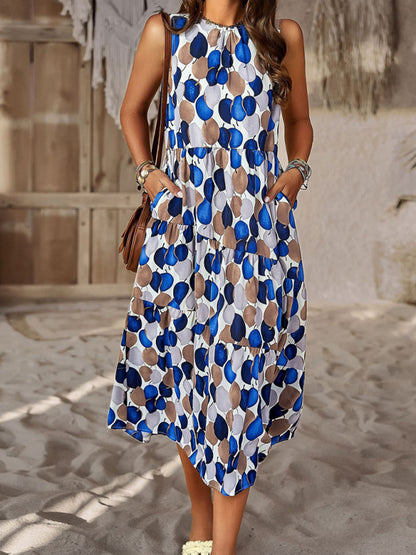 Boho Full Print Tank Dress: Tiered Design, Side Pockets Midi Dresses - Chuzko Women Clothing